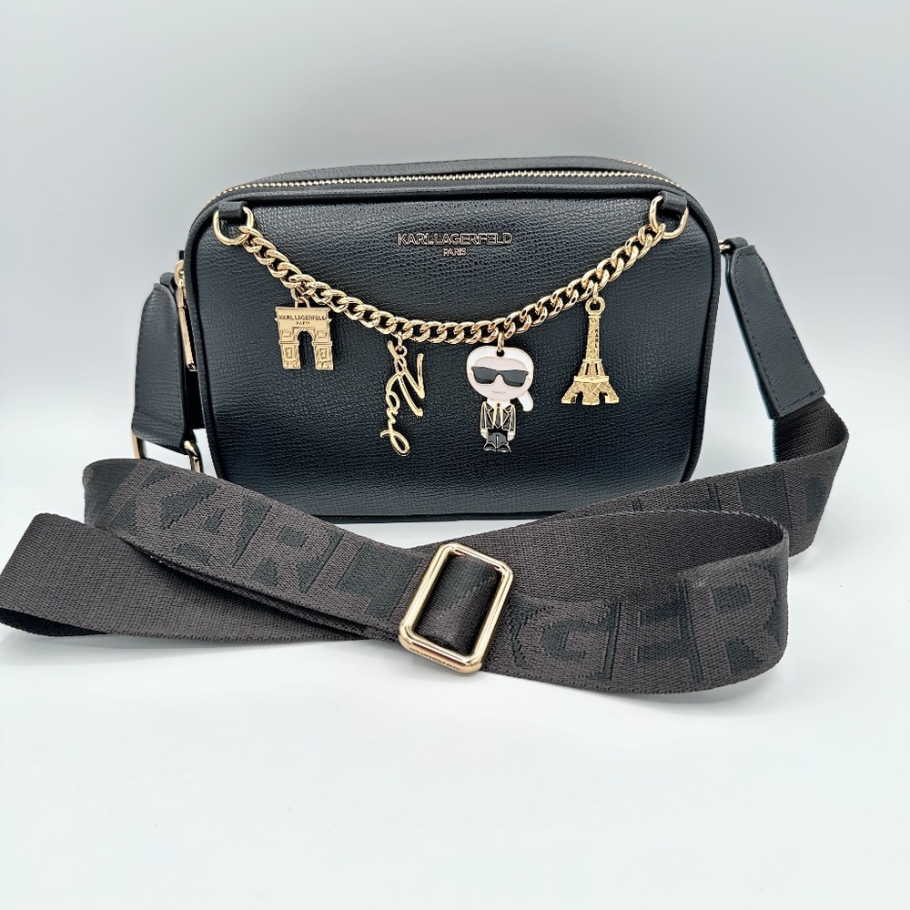 Karl Lagerfeld - Paris Crossbody Bag Black Gold Chain Charms Camera Bag NWT